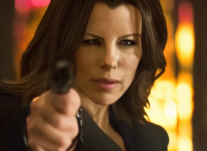 Image similar to film still of Kate Beckinsale as John Wick in a night club in John Wick 2014, 4k
