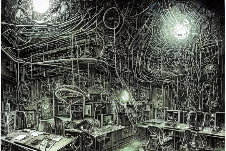 Image similar to lovecraftian office with terminals where humans are plugged into neural links and forced to dream for the eldritch overlords, by hr giger, dan mumford, stephen gammell, noriyoshi ohrai