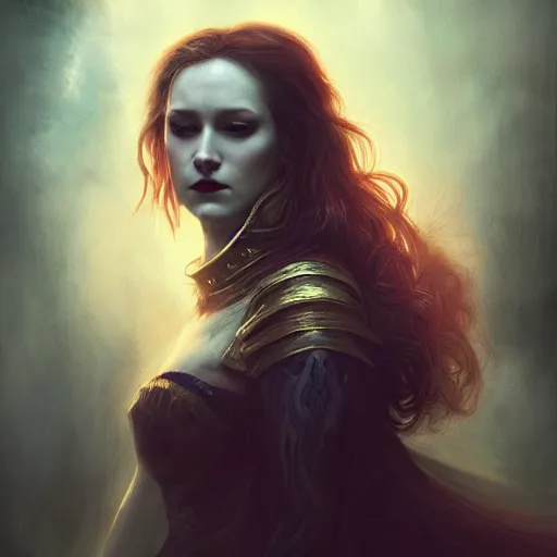 Image similar to majestic gracious regal aristocratic female vampire portrait, atmospheric lighting, painted, ravenous, tempestuous, menacing, intricate, volumetric lighting, beautiful, rich deep colours masterpiece, golden hour, sharp focus, ultra detailed, by leesha hannigan, ross tran, thierry doizon, kai carpenter, ignacio fernandez rios