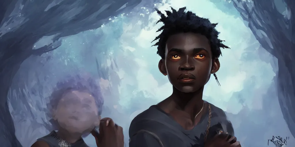 Image similar to concept art of black boy with indigo hair using dream ancestral magic, 8k, epic scene, illustration, artstation, art by riesun