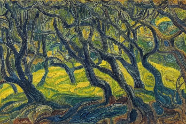 Image similar to masterpiece painting of oak trees on a hillside overlooking a creek, dramatic lighting, by j. e. h. macdonald