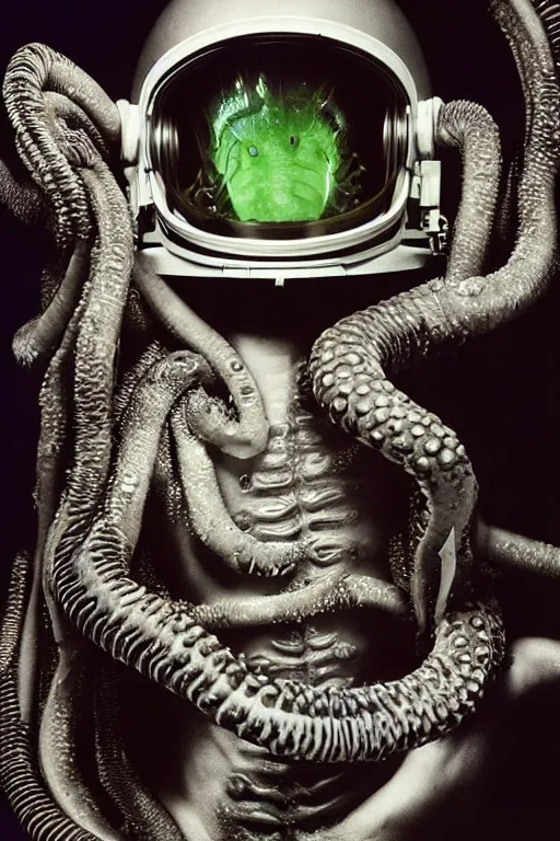 Image similar to extremely detailed studio portrait of space astronaut, alien tentacle protruding from eyes and mouth, slimy tentacle breaking through helmet visor, shattered visor, full body, soft light, disturbing, shocking realization, hyper detailed, award winning photo by herb ritts