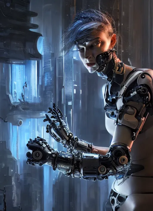 Image similar to cyberpunk,sci-fi, fantasy,Ultra realistic full shot of a cyborg woman under repair ,with mechanical arms that fix it,,Kodak , colour led, soft light, volumetric lighting ,night, intricate, elegant, highly detailed, digital painting, artstation, concept art, smooth, sharp focus, illustration,art by artgerm and greg rutkowski and alphonse mucha