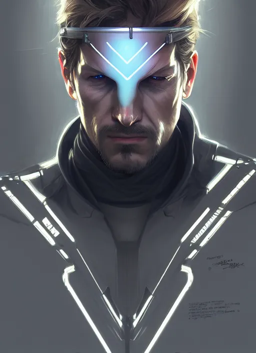 Image similar to symmetry!! portrait of solid snake, metal gear solid, tech wear, glowing lights!! intricate, elegant, highly detailed, digital painting, artstation, concept art, smooth, sharp focus, illustration, art by artgerm and greg rutkowski and alphonse mucha