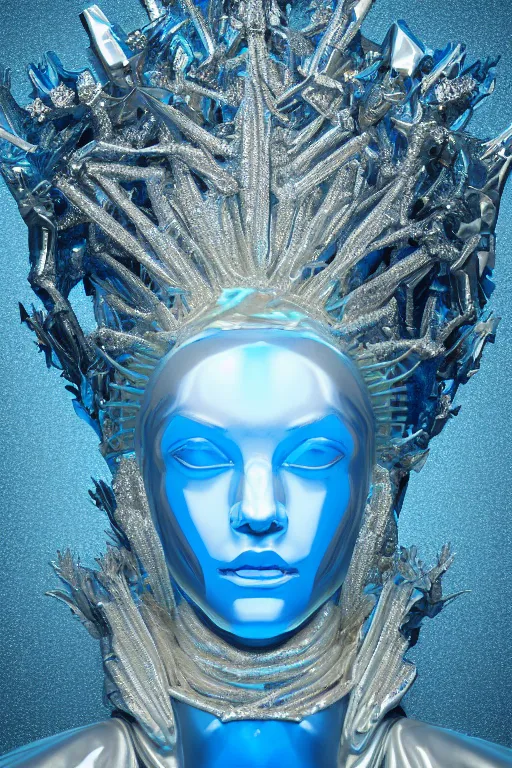Image similar to hyper detailed ultra sharp portrait of baroque and bladerunner delicate neon diamond sculpture of seductive albino pharaoh, diamond blue sphinx iridescent humanoid deity wearing metallic hoody made out of hands holding the sun prismatic dungeon, glowing blue face, crown of white diamonds, cinematic lighting, photorealistic, octane render 8 k depth of field 3 d