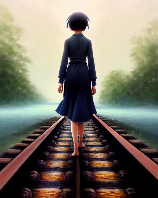 Prompt: photo of chihiro walking along train tracks stretching out toward the horizon that are submerged under a few inches of water, intricate, elegant, highly detailed, digital painting, artstation, concept art, smooth, sharp focus, illustration, art by artgerm and greg rutkowski and fra angelico