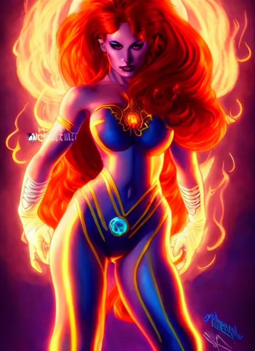 Image similar to front portrait hands behinds pose of attractive Starfire with ginger wavy hair using white gloves, hands behind her pose!, Intricate overlay flames imagery , D&D!, fantasy style, sharp focus!, ultra detailed, art by Artgerm and Peter Andrew Jones, WLUP