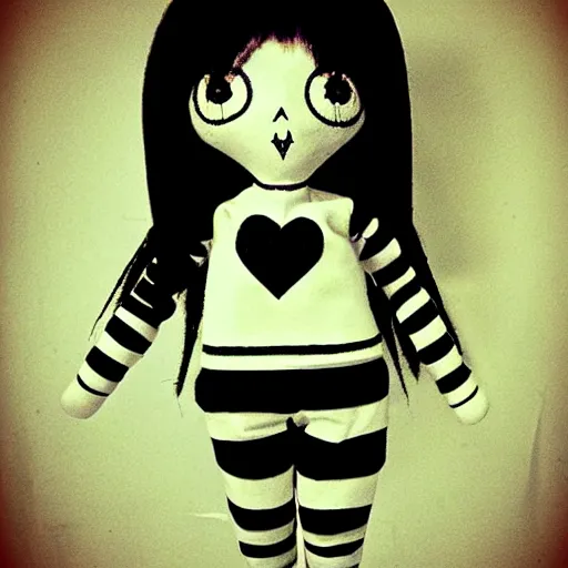 Prompt: Cute emo doll, black line art, in style of Tim Burton