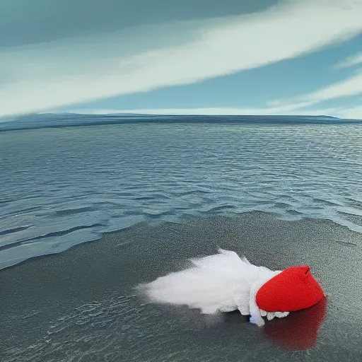 Image similar to cnn news footage of elmo being washed up on shore, view from above, tv