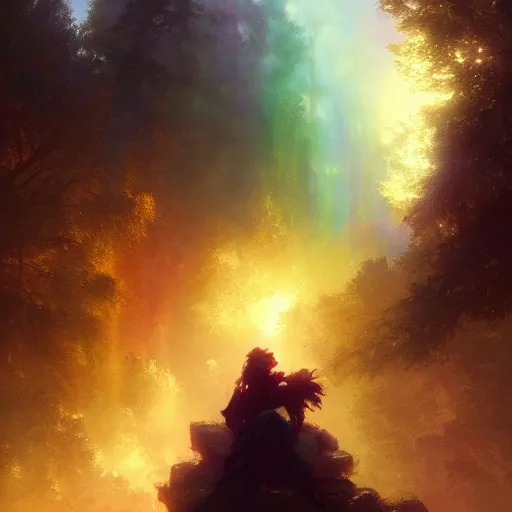 Image similar to A beautiful shiny rainbow with a smiling face, illustrated by Greg Rutkowski and Gaston Bussiere, grim lighting, beautiful volumetric lighting, misty atmosphere, Trending on artstation, 4k, 8k