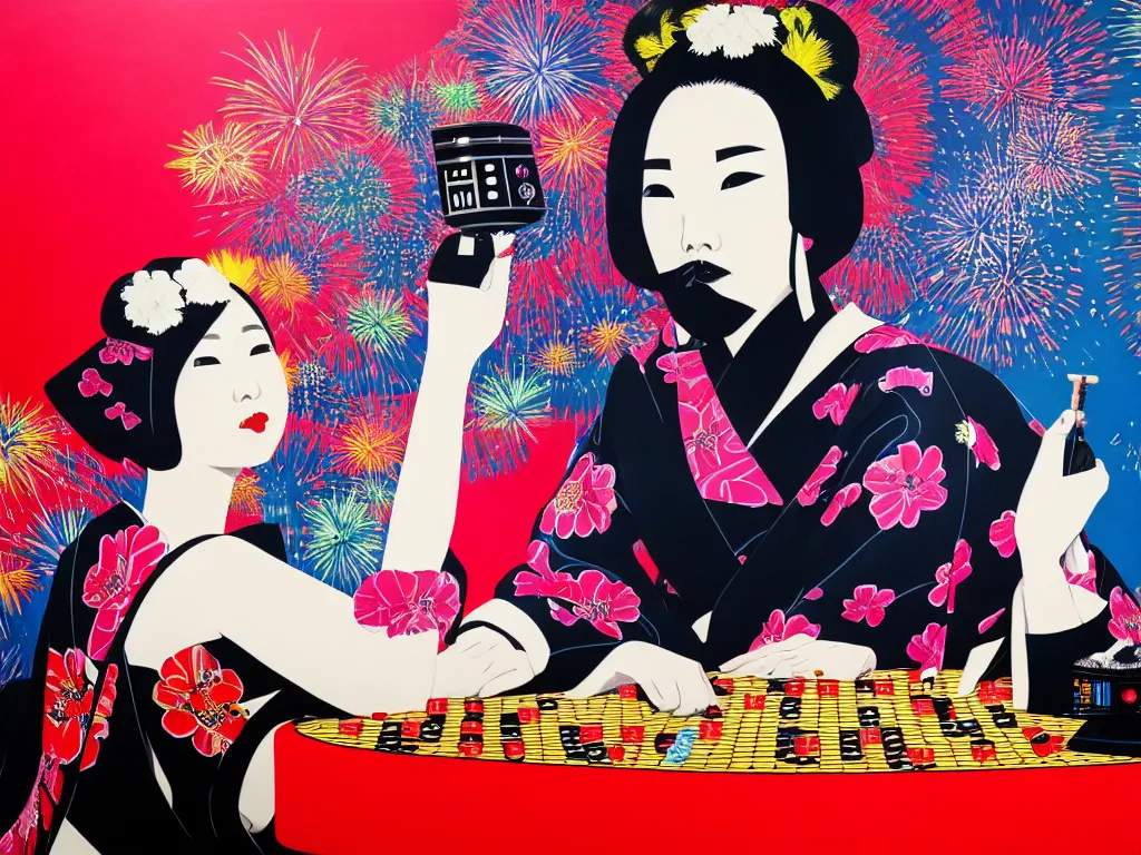 Image similar to hyperrealistic composition of the detailed woman in a japanese kimono sitting at a poker table with detailed darth vader, fireworks, mount fuji on the background, pop - art style, jacky tsai style, andy warhol style, acrylic on canvas