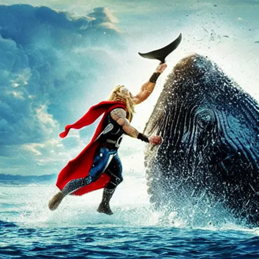 Prompt: thor punching a whale while wearing rabbit ears