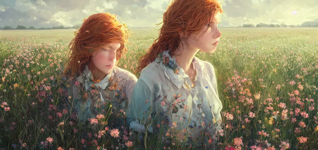 Image similar to a beautiful southern woman named Savannah, innocent, somber turquoise eyes, freckles, long ginger hair tied with white ribbon, relaxed in a field of flowers on a farm, gentle lighting, storm in the distance, western clothing, dress, digital art by Makoto Shinkai ilya kuvshinov and Wojtek Fus, digital art, concept art,