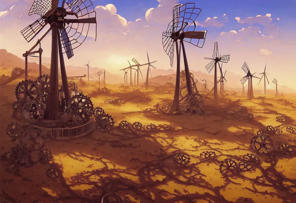 Image similar to steampunk windmills in the desert with chubby vines in the foreground, intricate oil painting, high detail illustration, sharp high detail, manga and anime 1 9 9 9, official fanart behance hd artstation by jesper ejsing and makoto shinkai, 4 k,