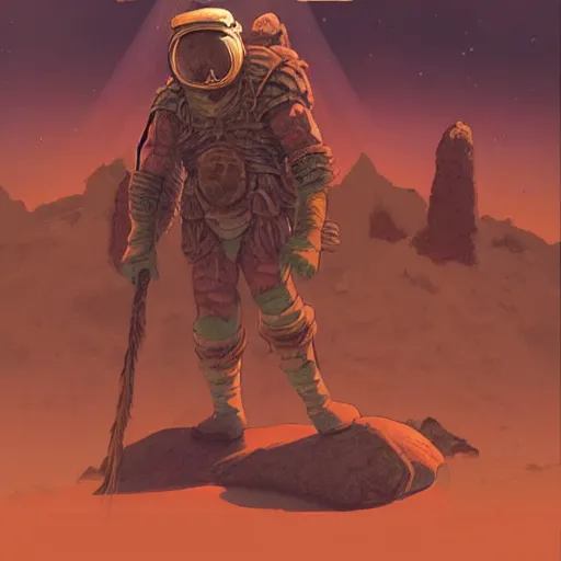 Image similar to barbarian on mars, standing on boulder facing clouded expanse, shrouded, science fiction pulp illustration, stunning