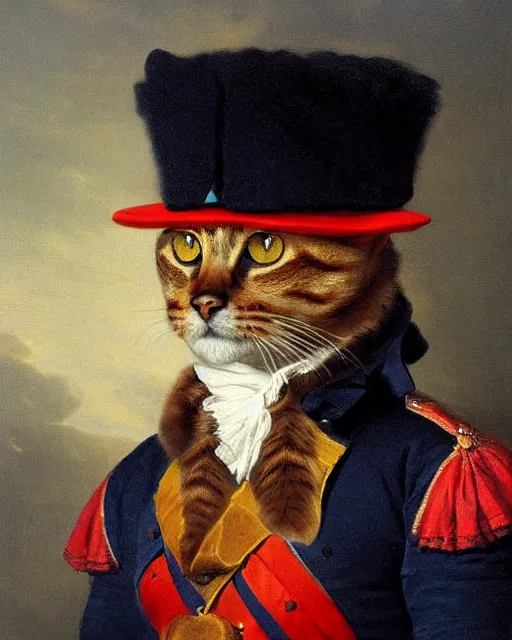 Prompt: portrait of cute brown cat with serious expression wearing 1 8 th century royal guard uniform in navy blue and red, joseph ducreux, greg rutkowski