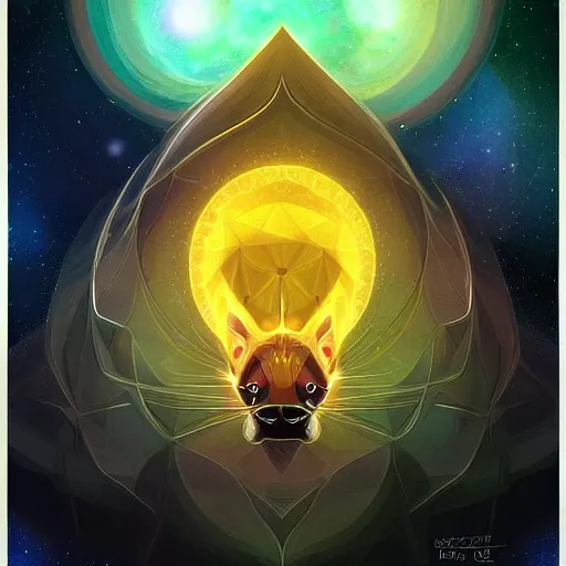 Image similar to geometric symmetrical jolteon with galaxy eyes in space, nebula in the background, intricate, elegant, highly detailed, digital painting, artstation, concept art, smooth, sharp focus, illustration, art by artgerm