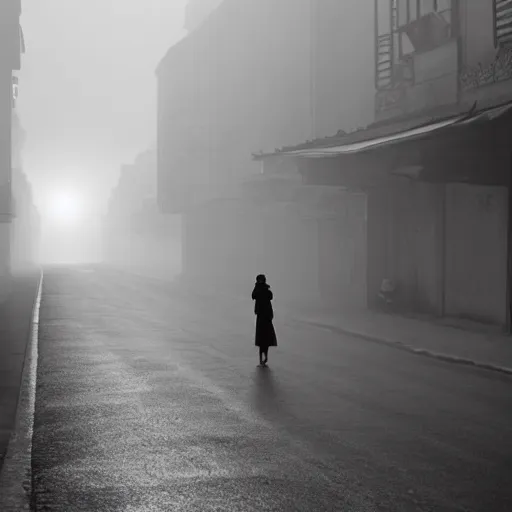 Image similar to people going to their office walking on wide side road,misty morning with long shadows,fan ho photography