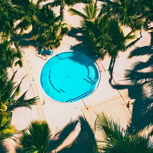 Image similar to aerial view of an elegant swimming pool, palm trees, kodak portra 4 0 0, vaporwave colors, faded effect, 9 0 s vibe, tropical vibe,