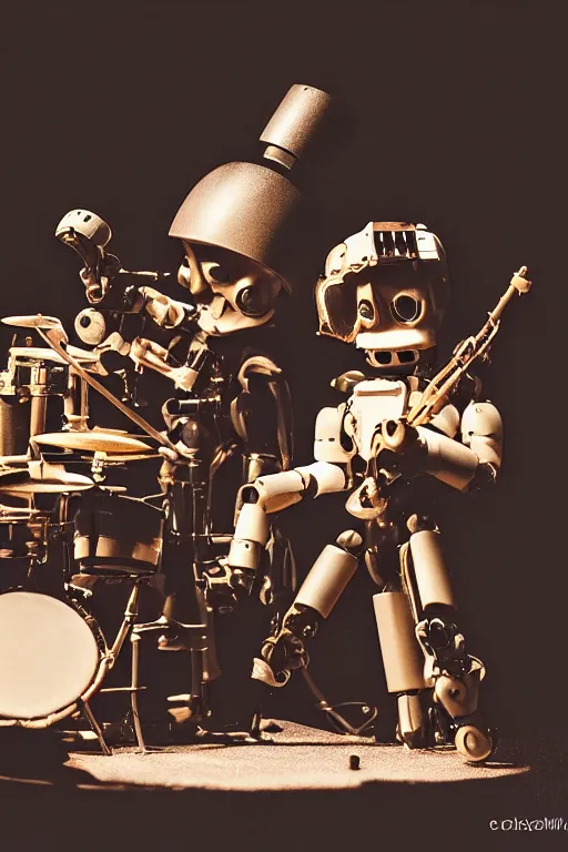 Image similar to a beautiful cinematic photo shot of a couple of threea toys figurines by ashley wood, world war one robot squids playing drums and electric guitar, black background, concert light, dark mood