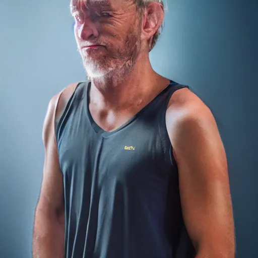 Image similar to a beautiful portrait of a bloke wearing futuristic speed dealers and a tank top, on a hot australian day, high quality, photography, volumetric lighting, 8 k