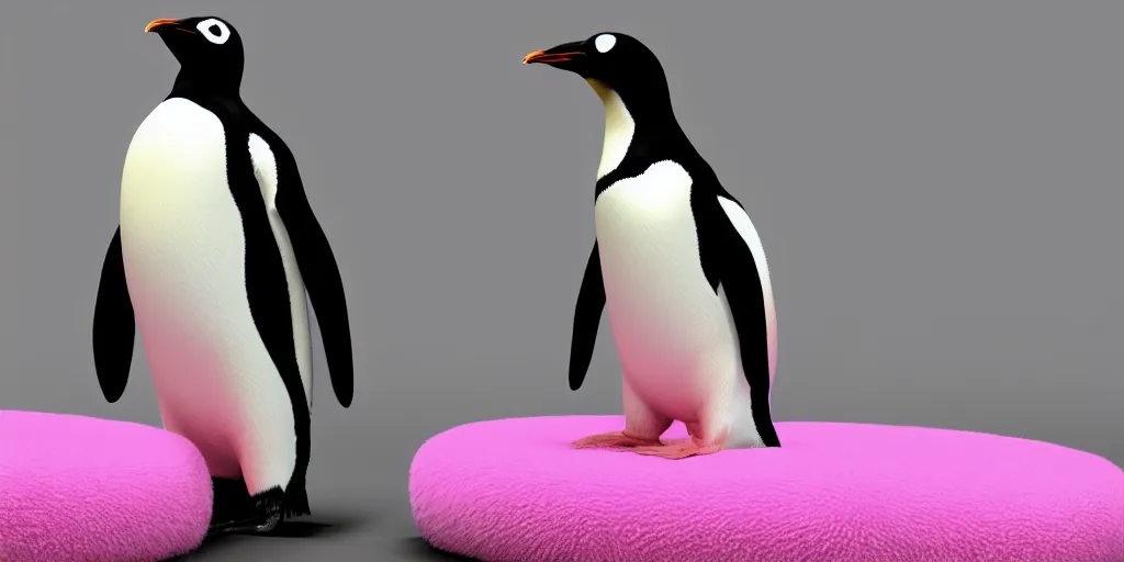 Prompt: realistic penguin sitting in an pink fluffy bed waving, unreal 5