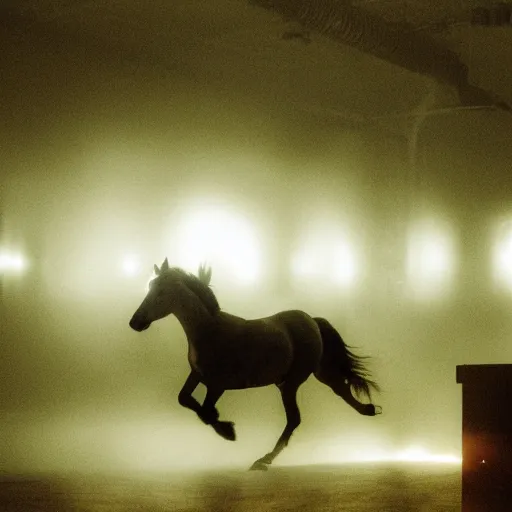 Image similar to misty volumetric muted neon color smoke wisps waft on convection current of air through a low energy cluttered parlor and coalesce on the floor into the vague translucent outline of a horse crossing the finish line.