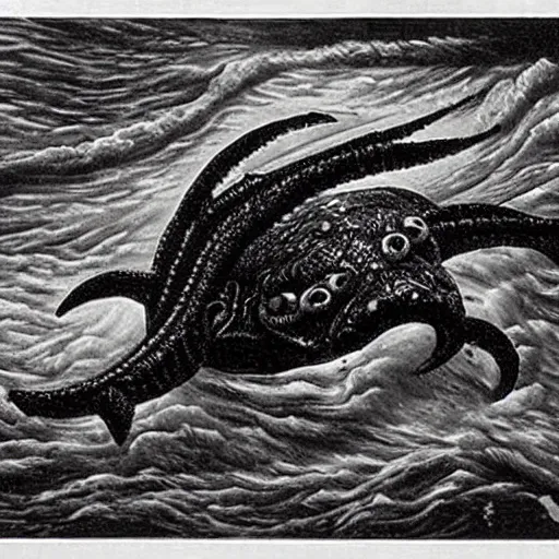 Prompt: sea monster looks like ship, deep dark sea, marine animal