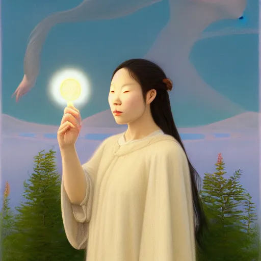 Image similar to a ultradetailed beautiful painting of a european inuit woman in the park by hsiao ron cheng, ngai victo, nivanh chanthara jean delville wlop and dougherty patrick, trending onv artstation, alaska, light sparkles, major arcana sky, sharp focus, soft light