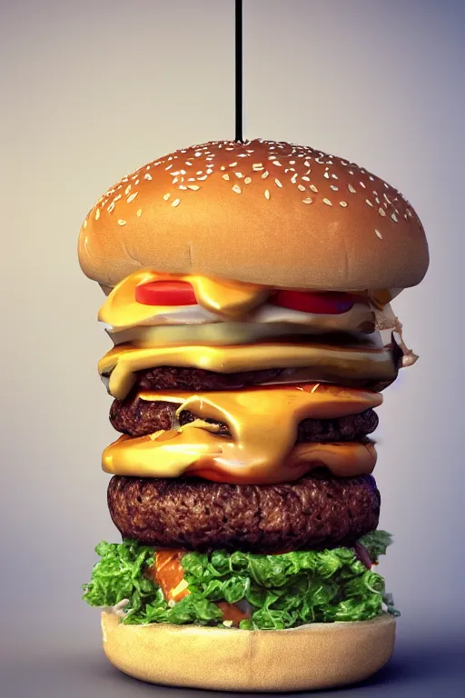 Prompt: tall burger with shrimps and cheese, high details, cinematic, 8k resolution, beautiful detailed, insanely intricate details, artstation trending, octane render, unreal engine,