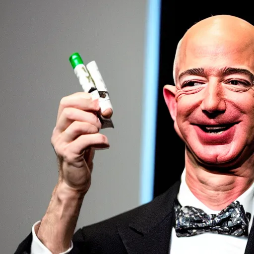 Prompt: Jeff Bezos smoking a joint and getting high, laughing, high quality photo