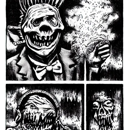 Image similar to a Pop Wonder scary horror themed goofy-hilarious-swamp-bog-monster-spaced-out-dead-head-with-space-in-his-oraphus, 3-piece-suit, dime-store-comic drawn with charcoal and pen and ink, half-tone-line-stacking