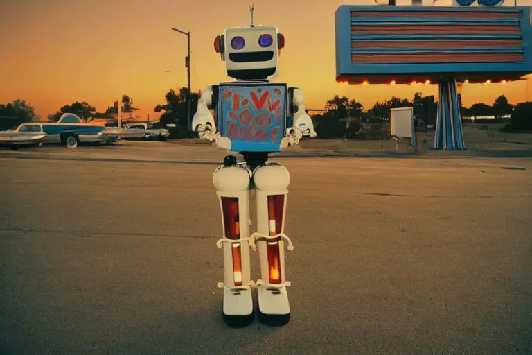 Prompt: robot clown relaxing at a california drive in, in 1 9 7 2, cutecore clowncore, bathed in the the glow of the sunset, low - light photograph, in style of tyler mitchell