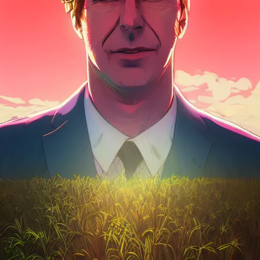 Image similar to ⁠portrait of Saul Goodman , farm field background, rich vivid colors, ambient lighting, dynamic lighting, 4k, HQ, official media, anime key visual, makoto shinkai, ilya kuvshinov, lois van baarle, rossdraws, detailed, trending on artstation