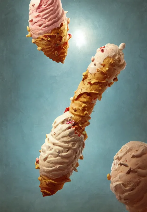 Image similar to biomorphic painting of screaming ice cream in a cone, au naturel, hyper detailed, melting plastic, trending in artstation, cinematic lighting, studio quality, smooth render, unreal engine 5 rendered, octane rendered, art style by dorothea tanning and marco mazzoni and ian sprigger and wlop and krenz cushart