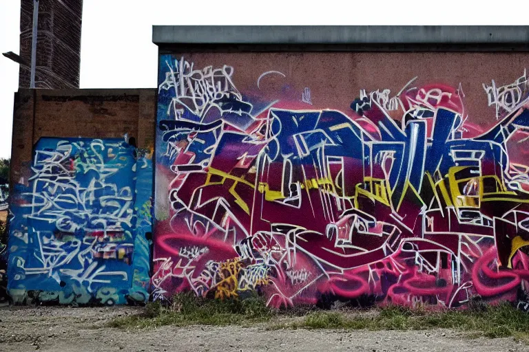 Image similar to A graffitied name on an abandoned warehouse building. Each letter of the name is filled with a different portal to another dimension