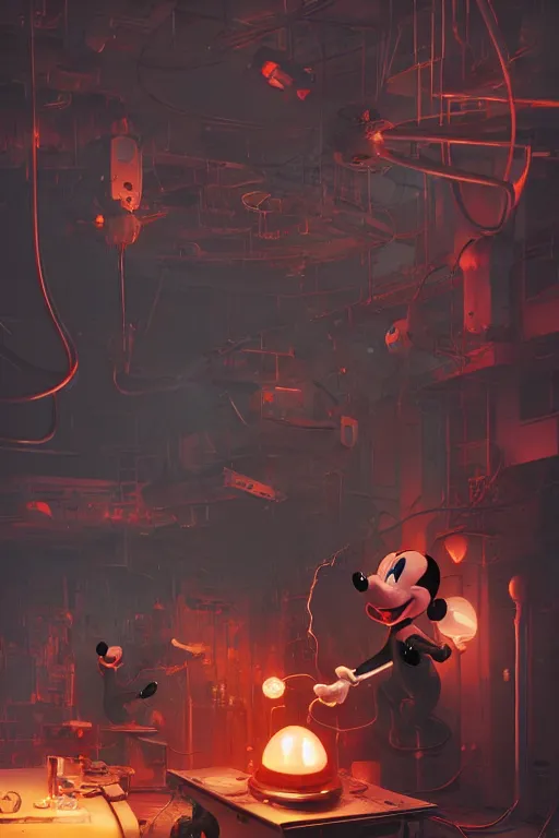 Image similar to bloody mickey mouse head lifted by claw, it is being fixed by few mechanics / workers in lab facility, made by beeple, cgsociety, artgerm, greg rutkowski, highly detailed intricate 4 k art, low light cinematic, octane render, unreal engine,