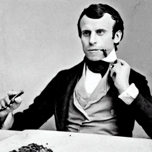 Prompt: emmanuel macron as a president of france eating a french baguette, 1 8 5 0 s style