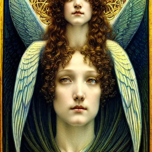 Image similar to detailed realistic beautiful young radiant medieval angel queen portrait by jean delville, gustave dore and marco mazzoni, art nouveau, symbolist, visionary, gothic, pre - raphaelite, horizontal symmetry