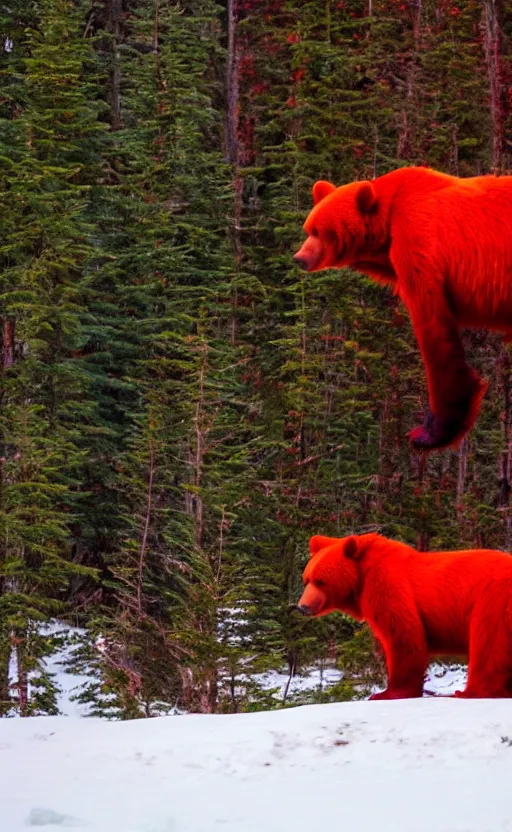 Image similar to real life photo of a red glowing bear in the canadian wilderness,