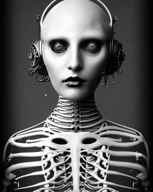 Image similar to black and white dreamy foggy smoky profile face portrait, one silver steampunk realistic eye biomechanical beautiful young female cyclope - cyborg - robot bust, body ribs meshes,, volumetric light, hibiscus flowers, by hg giger, rim light, by dora maar and cecile beaton, big gothic fashion pearl embroidered collar, 8 k