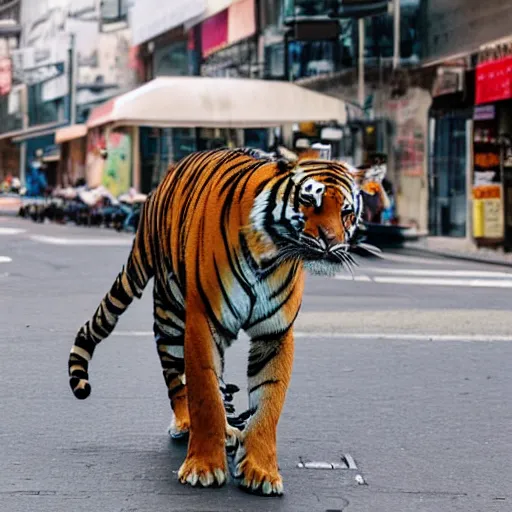 Image similar to photo of tiger with paper bag on its head, in busy street