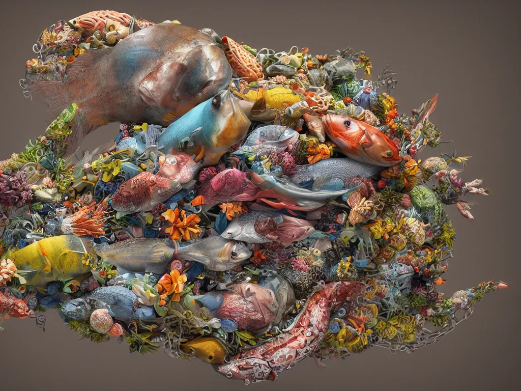 Image similar to a sculpture of fish ocean intertwined, a lovely cornucopia of flowers and human body parts, body parts, highly detailed, octane render, cinematic, shock, sharp focus, ball, an independent psycho, clean