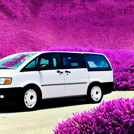 Prompt: white minivan driving away from purple explosion