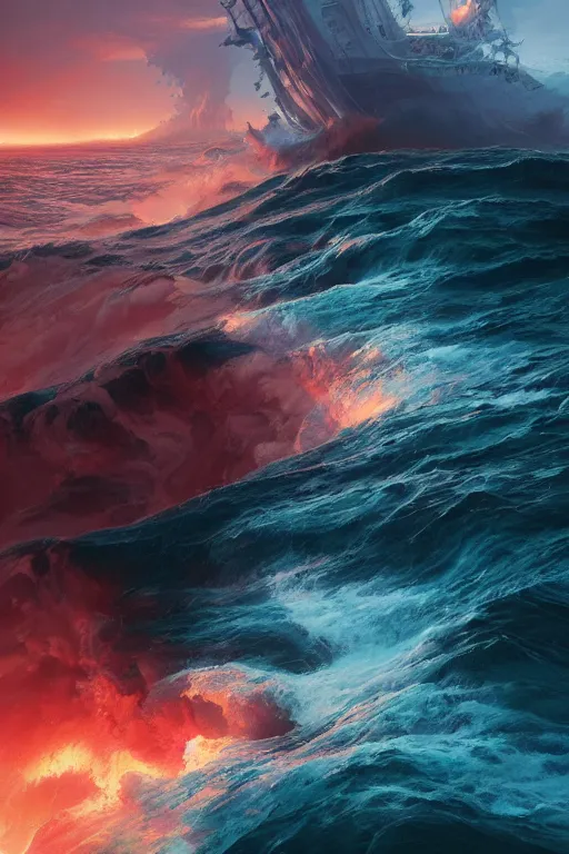 Image similar to Turbulent ocean of blood that catches fire, Stephen Bliss, Greg Rutkowski, Loish, Rhads, ferdinand knab, Makoto Shinkai rossdraws, Tom Bagshaw, global illumination, radiant light, detailed and intricate environment