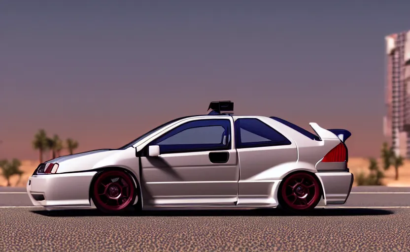 Image similar to photograph of a cell-shaded Honda EK9 Type-R car meet with anime girls, on a desert road with a futuristic city in the horizon, one point perspective, 1-point perspective, tilt shift, sigma 85mm f/1.4, 4k, depth of field, high resolution, 4k, 8k, hd, full color