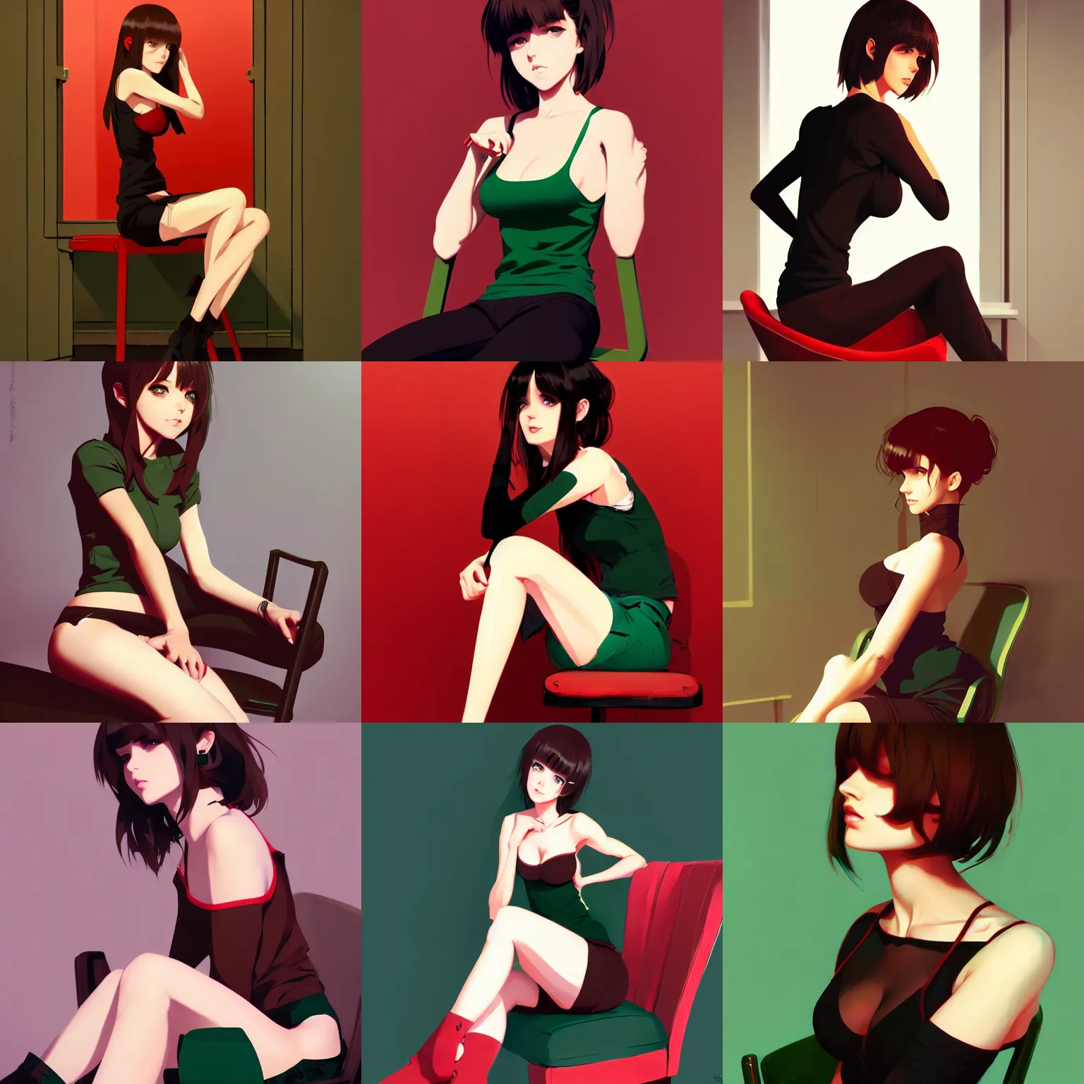 Prompt: sexy woman with brown hair and green eyes, wearing a camisole, sitting on a chair, red and black color palette, in the style of and ilya kuvshinov and greg rutkowski, high quality anime artstyle, intricate