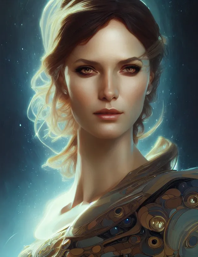 Image similar to futuristic woman portrait, sci-fi, amber eyes, face, long hair, fantasy, intricate, elegant, highly detailed, digital painting, artstation, concept art, smooth, sharp focus, illustration, art by artgerm and greg rutkowski and alphonse mucha