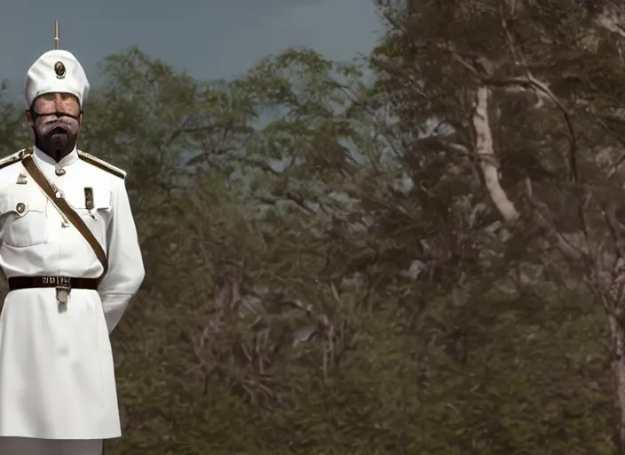 Image similar to proud man wearing a white tunic uniform, tab collars, front face, no medals, no epaulette, his arms are behind his back, ultra realistic, 4 k, movie still, uhd, sharp, detailed, cinematic, render, modern