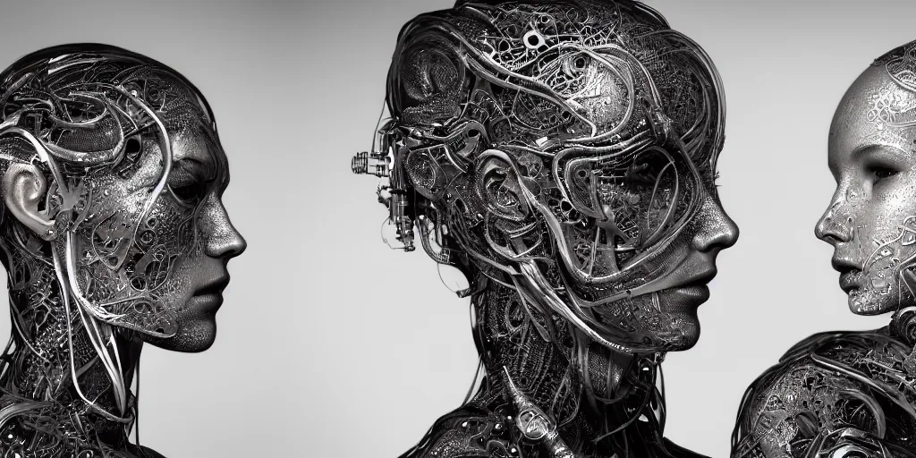 Prompt: hyper realistic photography of a stunningly beautiful cyborg male and woman, intimate, intricate filigree, in the style of beth cavener, jin kagetsu, and wlop, highly detailed, chrome face symmetry, masterpiece, award winning, sharp focus, concept art, high key, ambient lighting, 8 k, octane render,